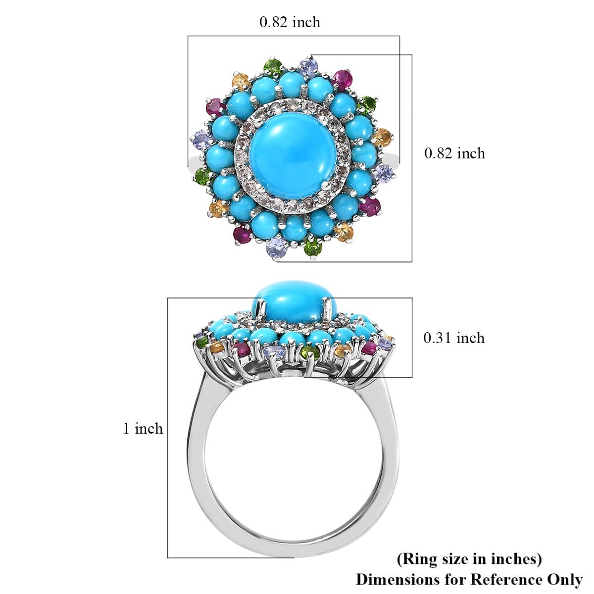 Sleeping Beauty Turquoise and Multi Gemstone 3.70 ctw Floral Ring in Platinum Over Sterling Silver (Size 7.0) image number 5