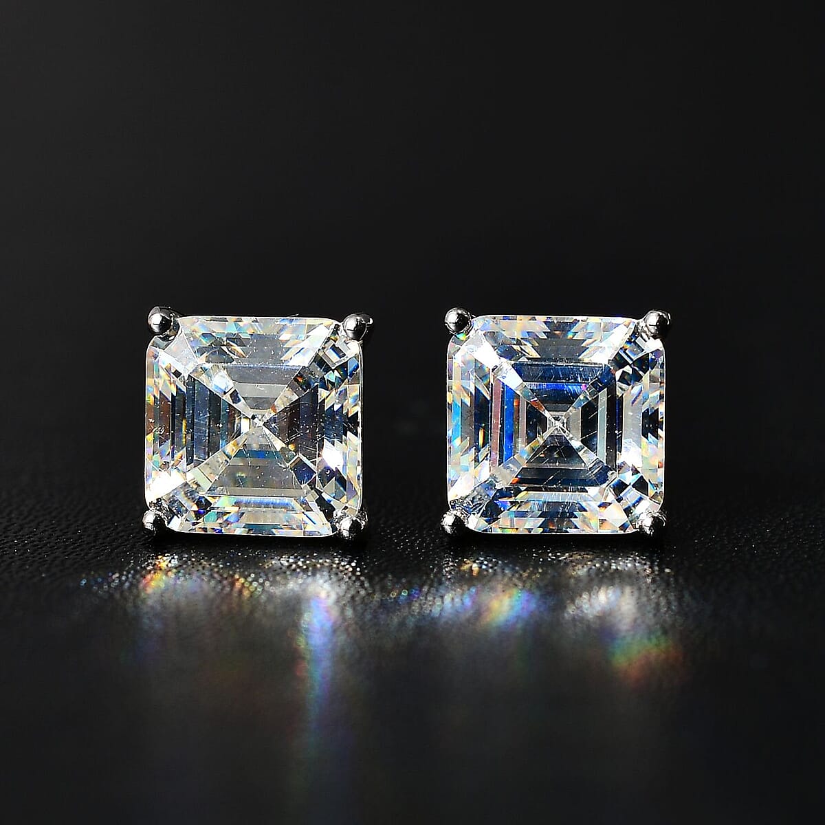 Luxoro 10K White Gold Asscher Cut Strontium Titanate Solitaire Stud Earrings 5.50 ctw image number 2