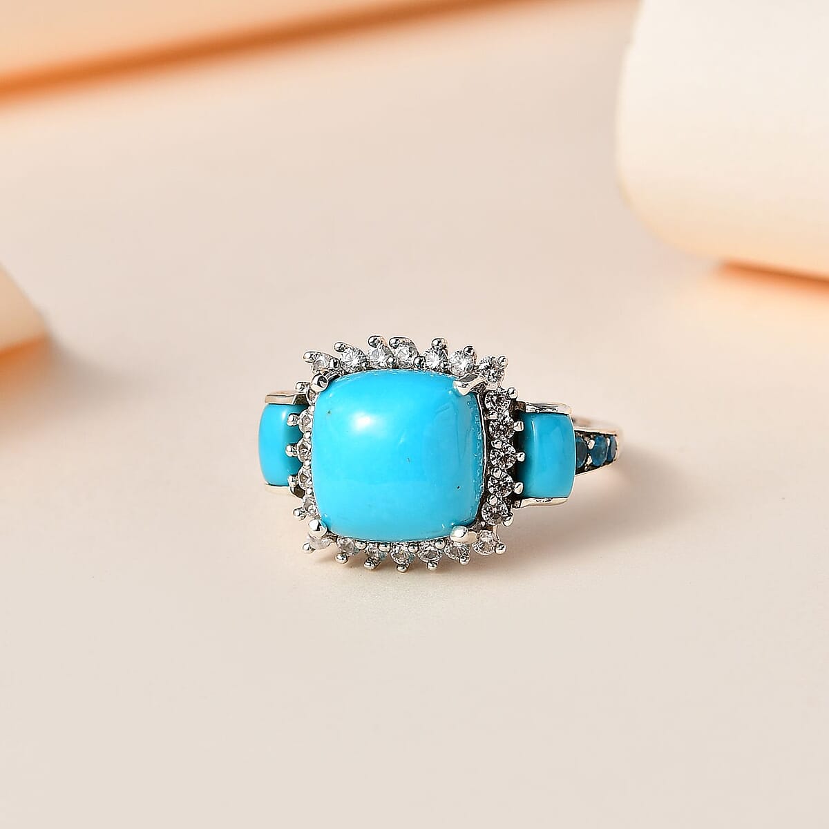 Sleeping Beauty Turquoise and Multi Gemstone Halo Ring in Platinum Over Sterling Silver (Size 10.0) 5.25 ctw image number 1