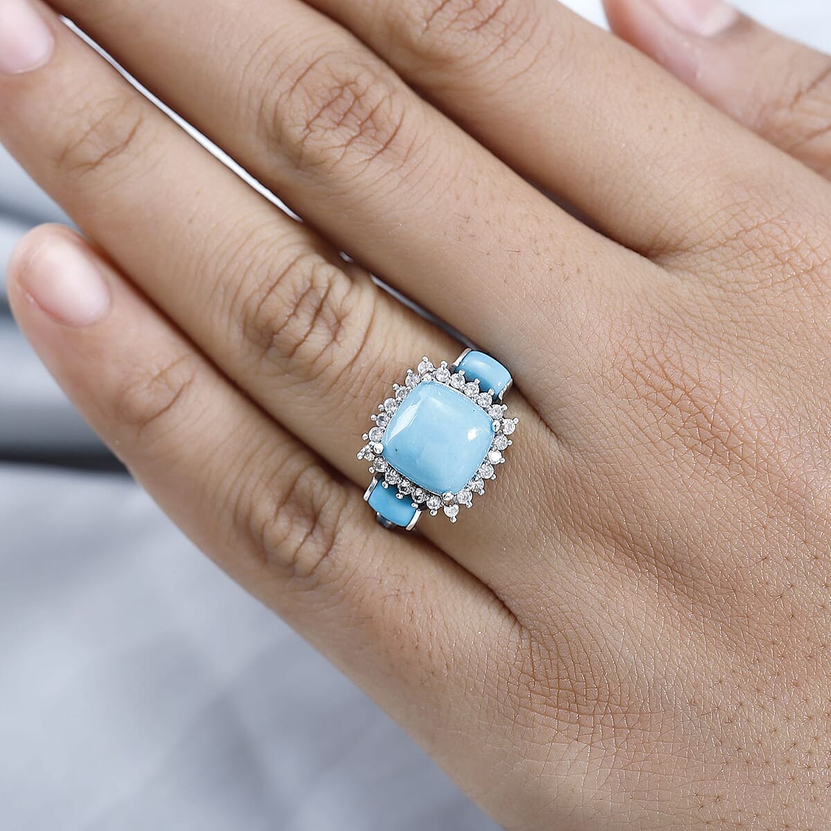 Sleeping Beauty Turquoise and Multi Gemstone Halo Ring in Platinum Over Sterling Silver (Size 10.0) 5.25 ctw image number 2