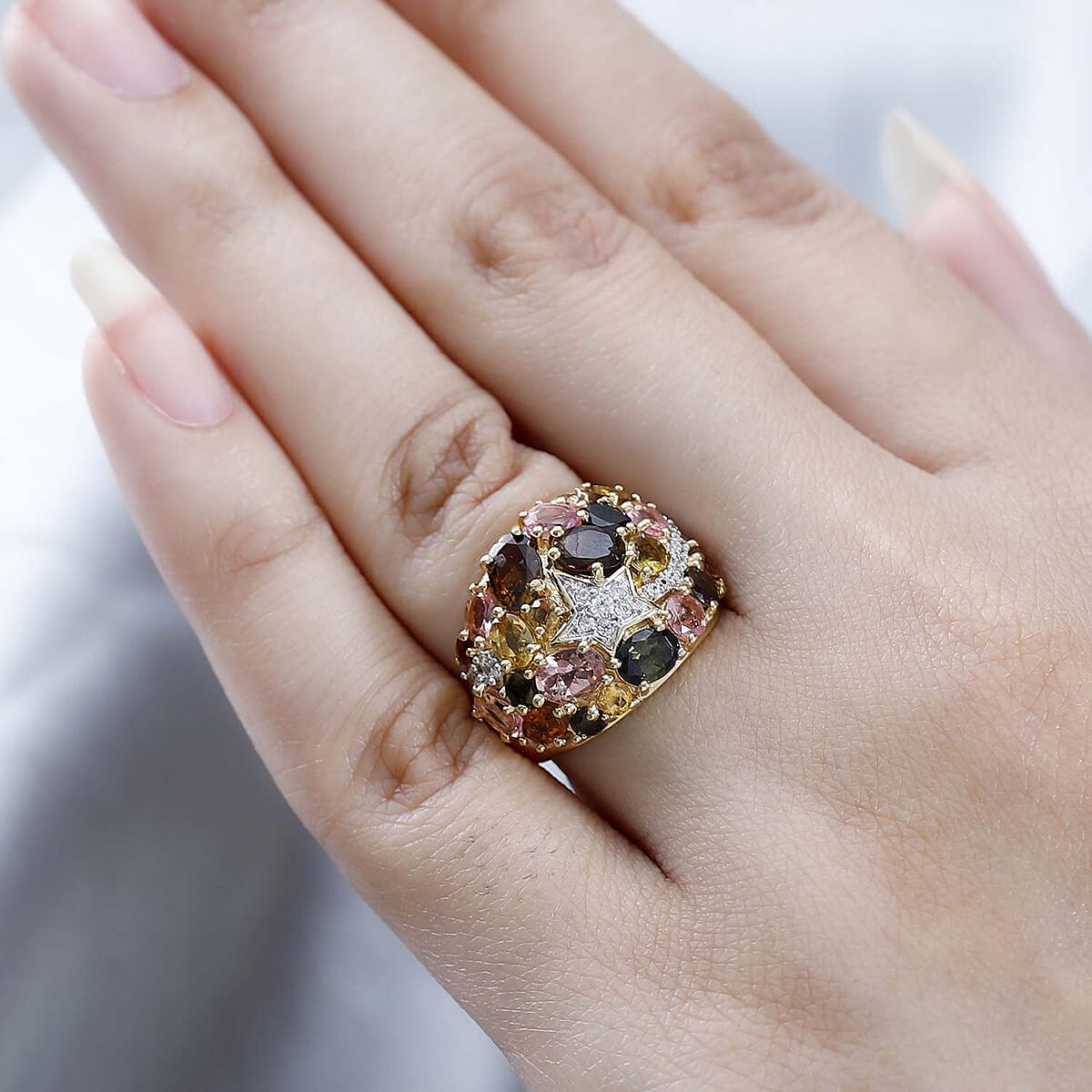 Multi Tourmaline Cluster Ring in Vermeil Yellow Gold Over Sterling Silver (Size 6.0) 3.75 ctw image number 2