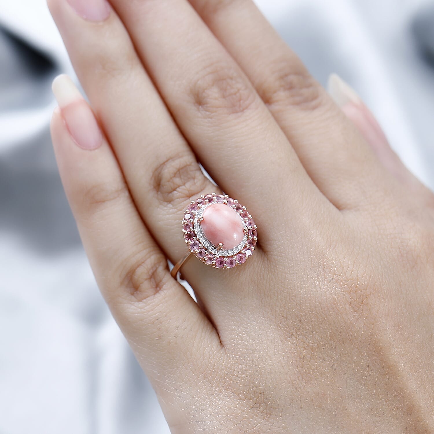 Premium Oregon Sunrise Peach Opal and Multi Gemstone Double Halo Ring in Vermeil Rose Gold Over Sterling Silver (Size 10.0) 2.75 ctw