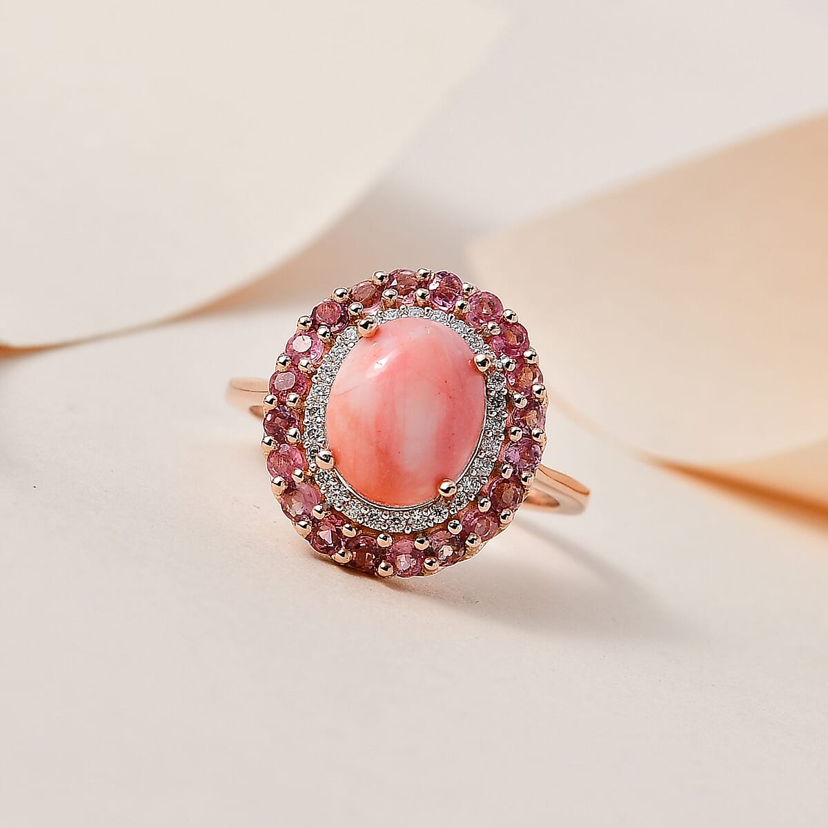 Premium Oregon Sunrise Peach Opal and Multi Gemstone Double Halo Ring in Vermeil Rose Gold Over Sterling Silver (Size 9.0) 2.75 ctw image number 1