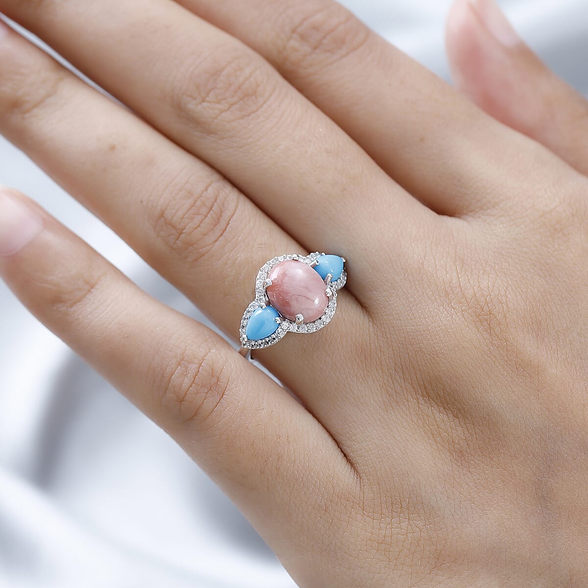 Premium Oregon Sunrise Peach Opal and Multi Gemstone Ring in Platinum Over Sterling Silver (Size 8.0) 7.85 ctw image number 2