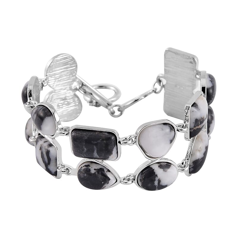 Grey Zebra Jasper 125.00 ctw 2 Row Link Bracelet in Silvertone (7.00-8.75In)