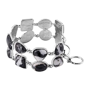 Grey Zebra Jasper 125.00 ctw 2 Row Link Bracelet in Silvertone (7.00-8.75In)