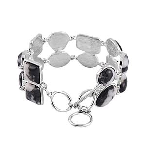 Grey Zebra Jasper 125.00 ctw 2 Row Link Bracelet in Silvertone (7.00-8.75In)