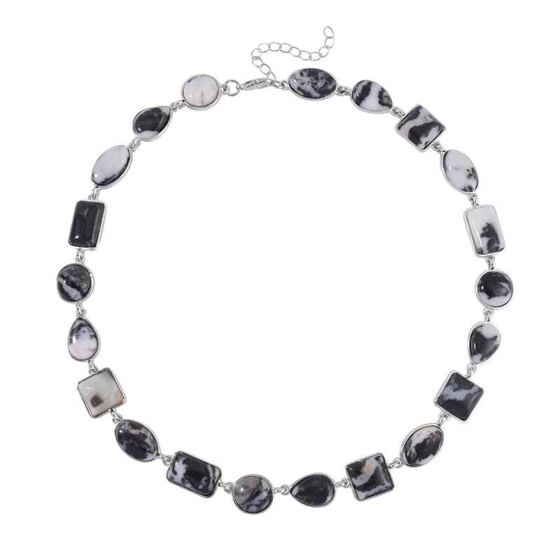 Grey Zebra Jasper 160.00 ctw Necklace 18-20 Inches in Silvertone