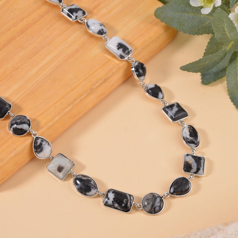 Grey Zebra Jasper 160.00 ctw Necklace 18-20 Inches in Silvertone