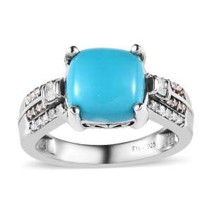 Sleeping Beauty Turquoise, Natural Champagne and White Diamond Ring in Platinum Over Sterling Silver (Size 10.0) 3.50 ctw