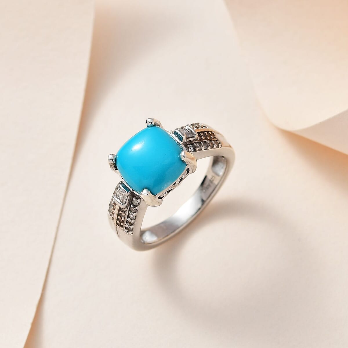 Sleeping Beauty Turquoise, Natural Champagne and White Diamond Ring in Platinum Over Sterling Silver (Size 10.0) 3.50 ctw image number 1