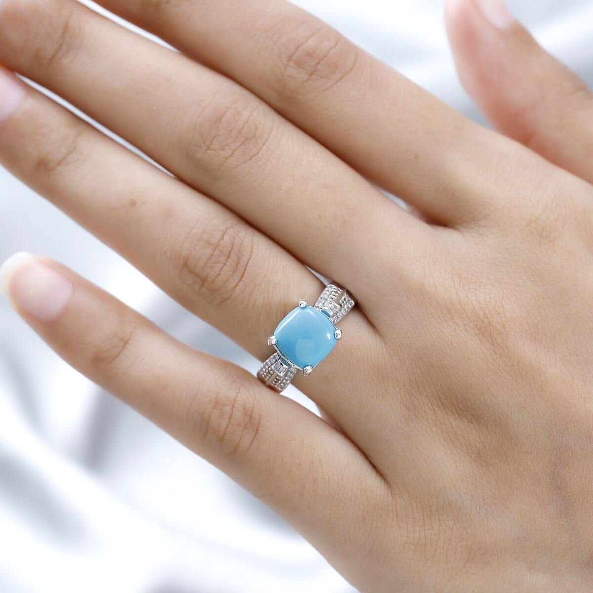 Sleeping Beauty Turquoise, Natural Champagne and White Diamond Ring in Platinum Over Sterling Silver (Size 10.0) 3.50 ctw image number 2