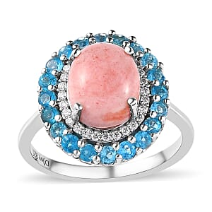 Premium Oregon Sunrise Peach Opal and Multi Gemstone Double Halo Ring in Platinum Over Sterling Silver (Size 7.0) 2.75 ctw