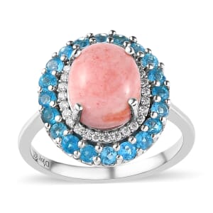 Premium Oregon Sunrise Peach Opal and Multi Gemstone Double Halo Ring in Platinum Over Sterling Silver (Size 9.0) 2.75 ctw