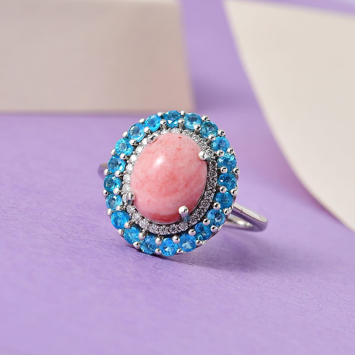 Premium Oregon Sunrise Peach Opal and Multi Gemstone Double Halo Ring in Platinum Over Sterling Silver (Size 9.0) 2.75 ctw image number 1