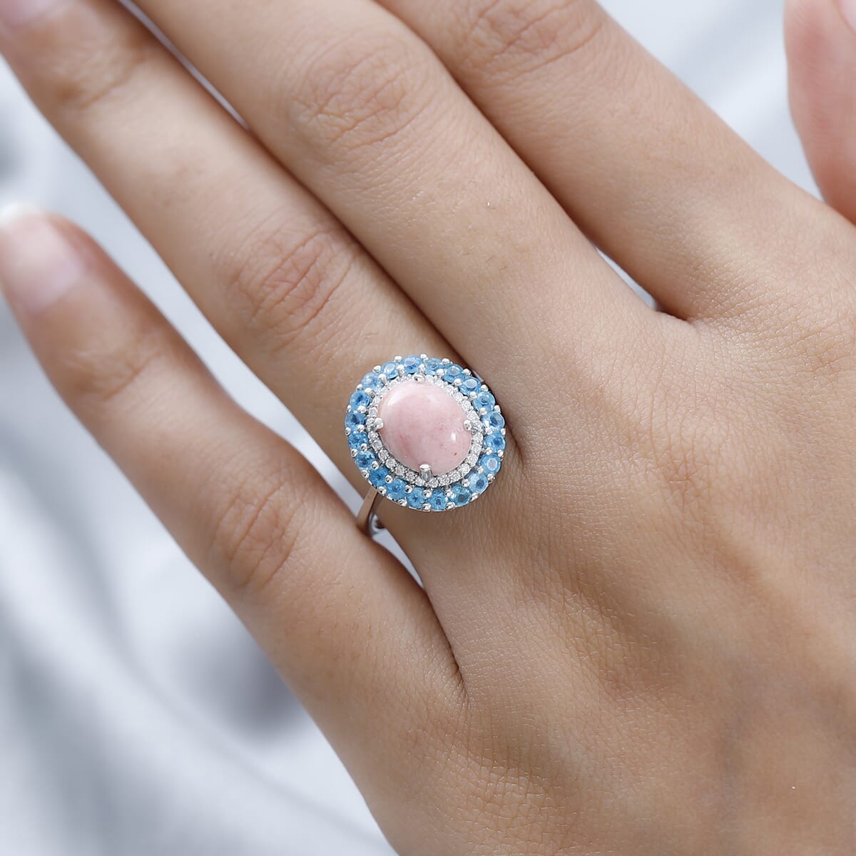 Premium Oregon Sunrise Peach Opal and Multi Gemstone Double Halo Ring in Platinum Over Sterling Silver (Size 9.0) 2.75 ctw image number 2