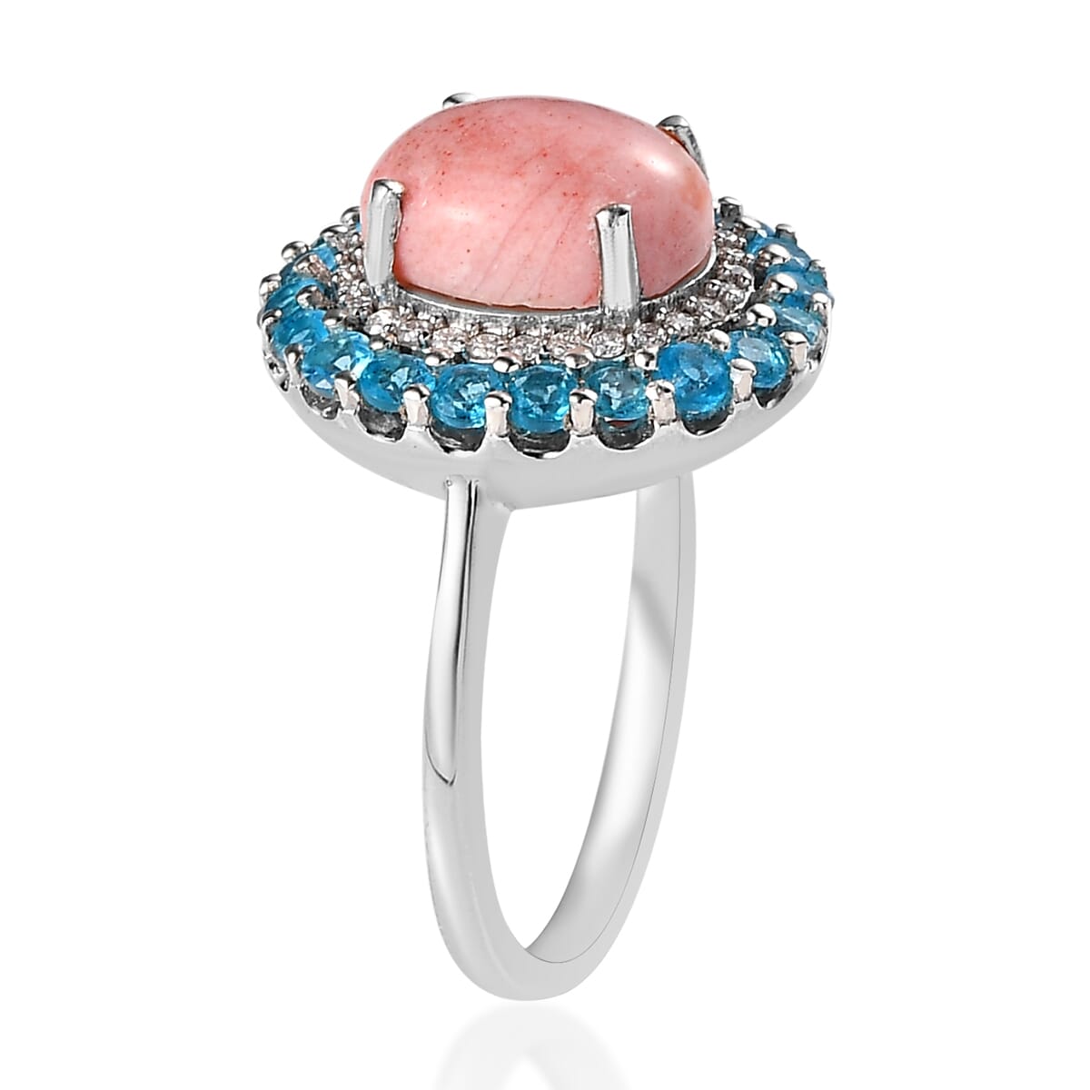 Premium Oregon Sunrise Peach Opal and Multi Gemstone Double Halo Ring in Platinum Over Sterling Silver (Size 9.0) 2.75 ctw image number 3