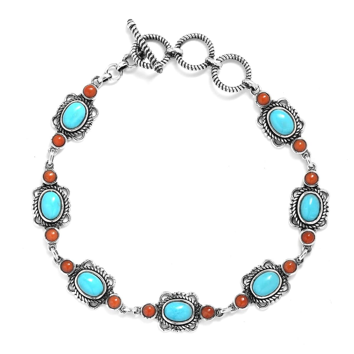 Sleeping Beauty Turquoise and Mediterranean Coral Toggle Clasp Bracelet in Sterling Silver (7.25 In) with Extender 5.25 ctw image number 0