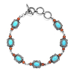 Sleeping Beauty Turquoise and Mediterranean Coral 5.25 ctw Toggle Clasp Bracelet in Sterling Silver (7.25 In) with Extender
