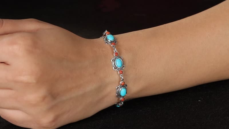 Sleeping Beauty Turquoise and Mediterranean Coral 5.25 ctw Toggle Clasp Bracelet in Sterling Silver (7.25 In) with Extender