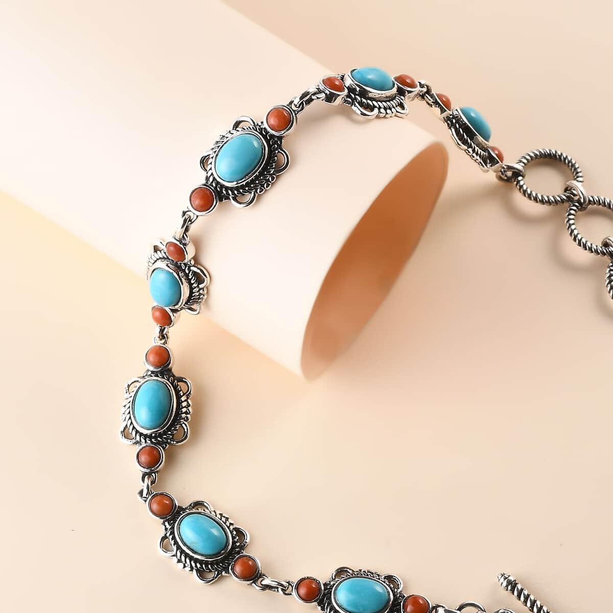 Sleeping Beauty Turquoise and Mediterranean Coral Toggle Clasp Bracelet in Sterling Silver (7.25 In) with Extender 5.25 ctw image number 1