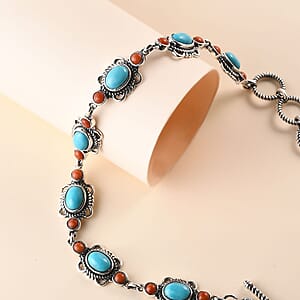 Sleeping Beauty Turquoise and Mediterranean Coral 5.25 ctw Toggle Clasp Bracelet in Sterling Silver (7.25 In) with Extender
