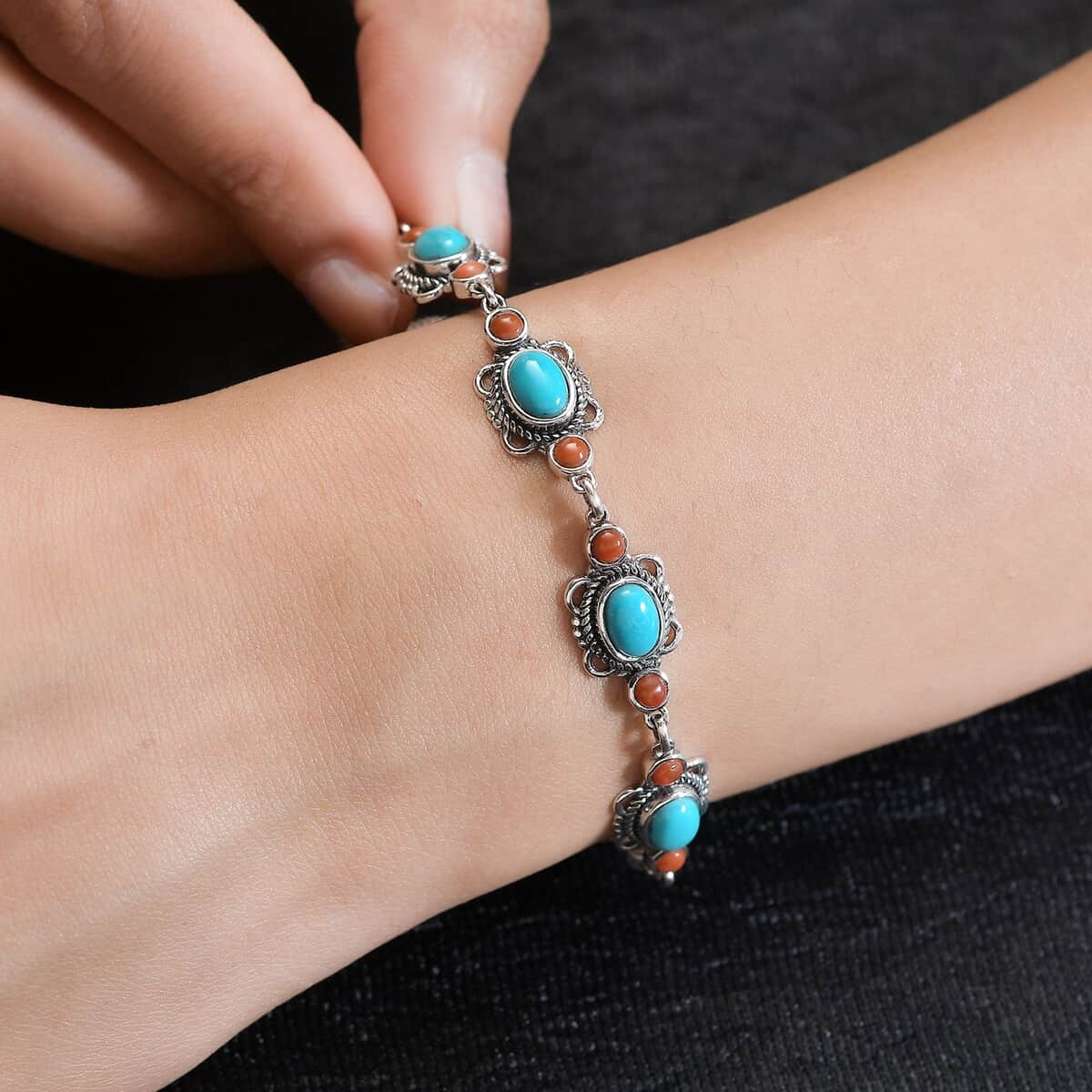 Sleeping Beauty Turquoise and Mediterranean Coral Toggle Clasp Bracelet in Sterling Silver (7.25 In) with Extender 5.25 ctw image number 2