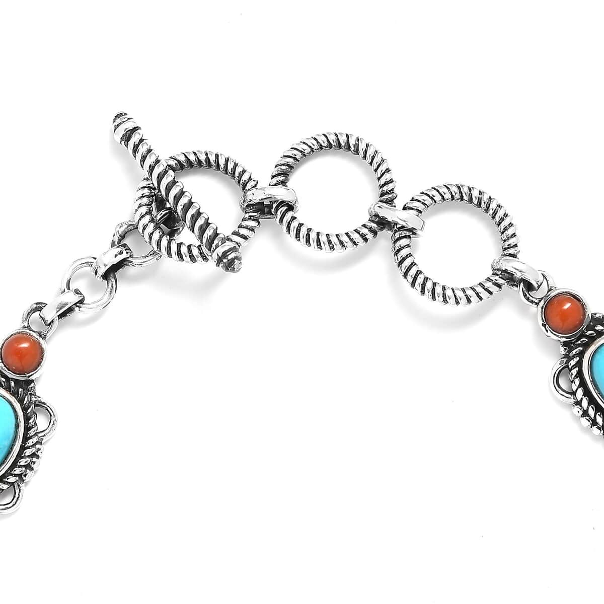 Sleeping Beauty Turquoise and Mediterranean Coral Toggle Clasp Bracelet in Sterling Silver (7.25 In) with Extender 5.25 ctw image number 3