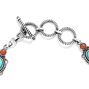 Sleeping Beauty Turquoise and Mediterranean Coral 5.25 ctw Toggle Clasp Bracelet in Sterling Silver (7.25 In) with Extender