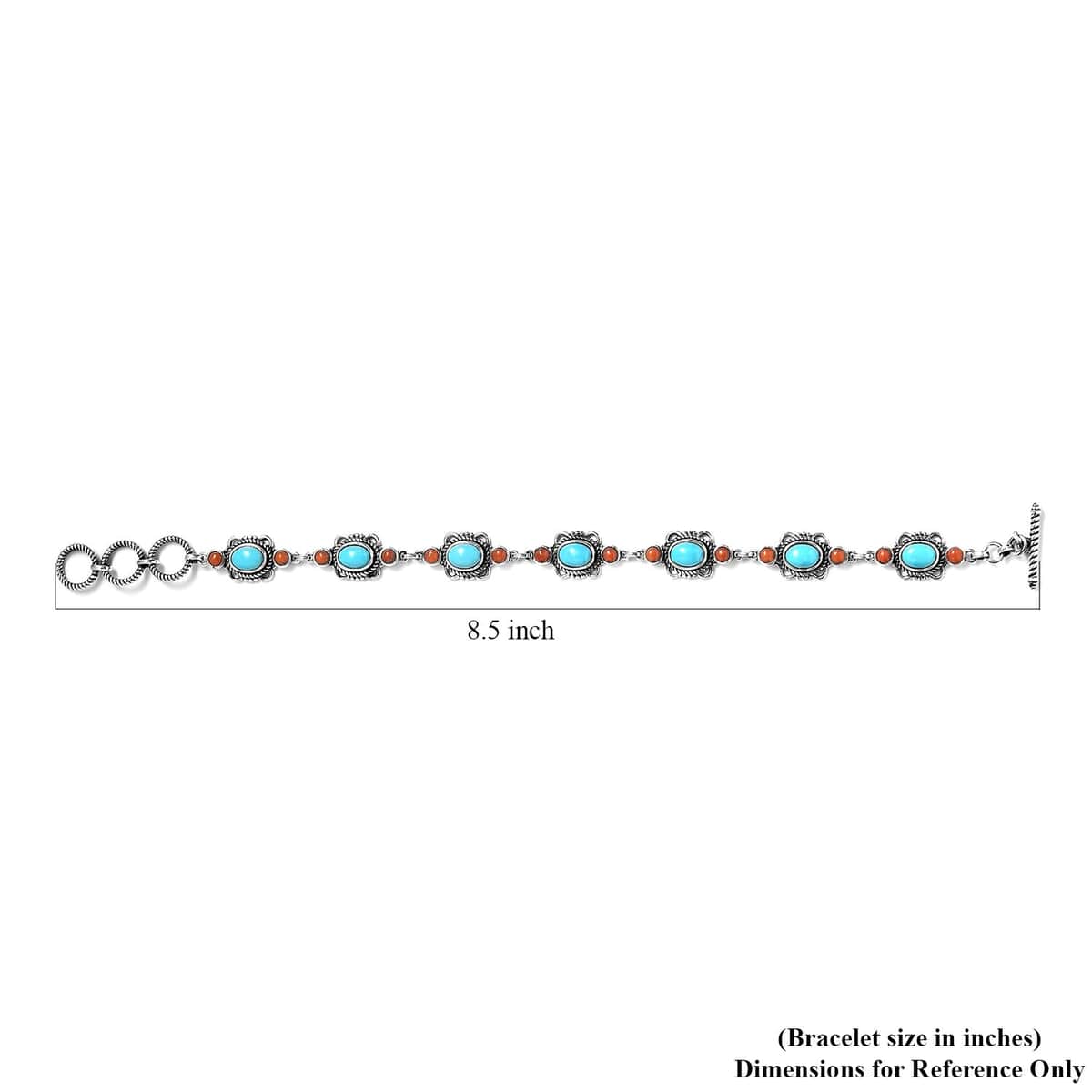 Sleeping Beauty Turquoise and Mediterranean Coral Toggle Clasp Bracelet in Sterling Silver (7.25 In) with Extender 5.25 ctw image number 4