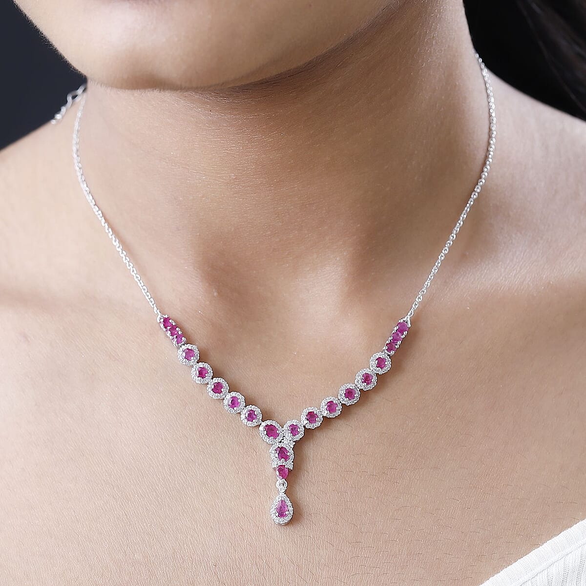 Premium Montepuez Ruby and White Zircon Necklace 18 Inches in Platinum Over Sterling Silver 5.00 ctw image number 2
