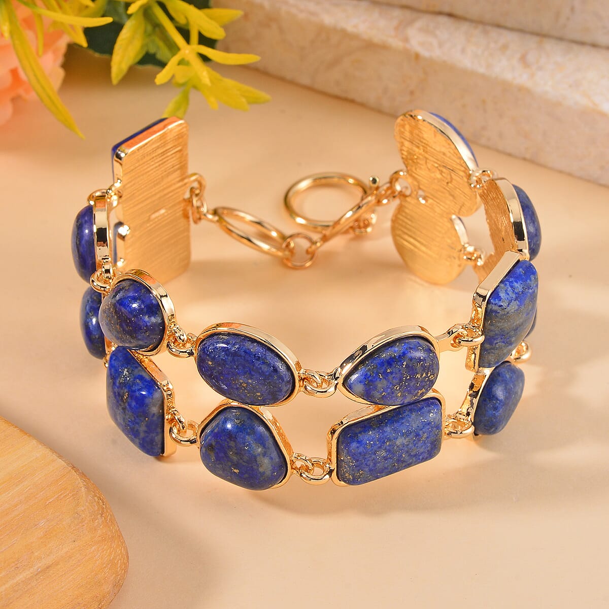 Lapis Lazuli 125.00 ctw 2 Row Link Bracelet in Goldtone (7.00-8.75In) image number 1