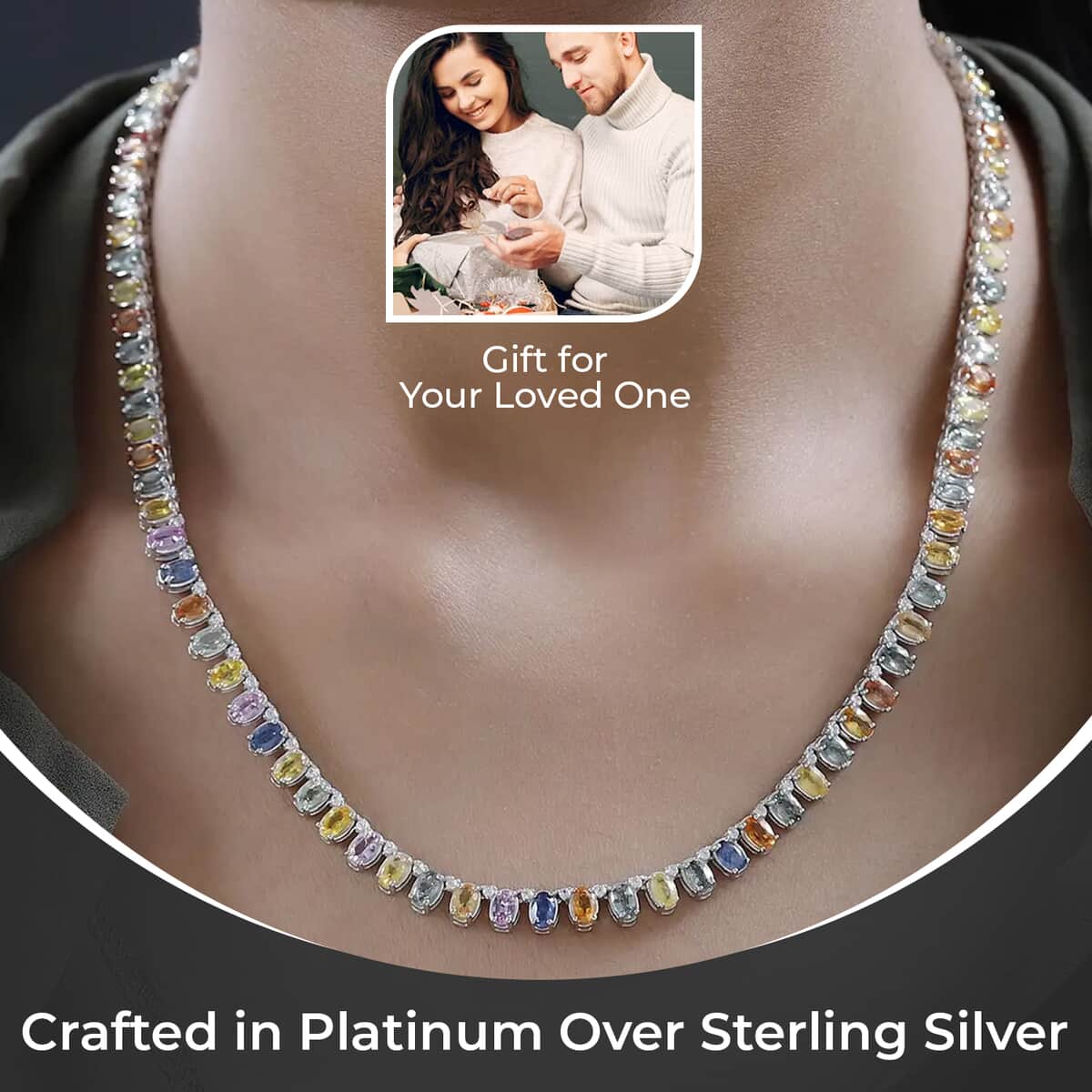 Multi Sapphire Necklace, White Zircon Accent Necklace, 18 Inch Necklace, Platinum Over Sterling Silver Necklace, Gifts For Her 31.35 ctw image number 2