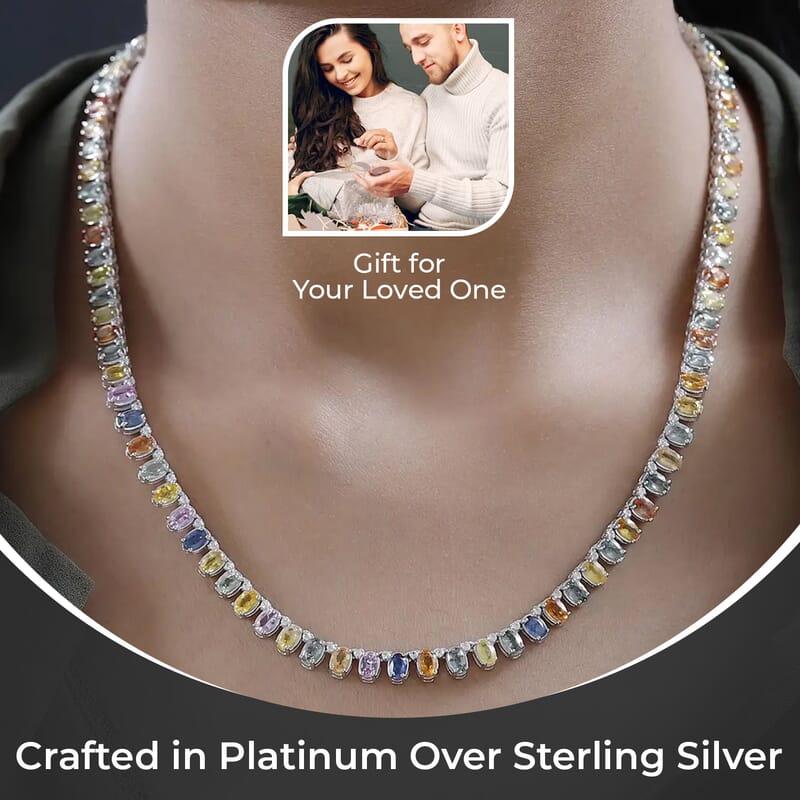 Multi Sapphire Necklace, White Zircon Accent Necklace, 18 Inch Necklace, Platinum Over Sterling Silver Necklace, Gifts For Her 31.35 ctw