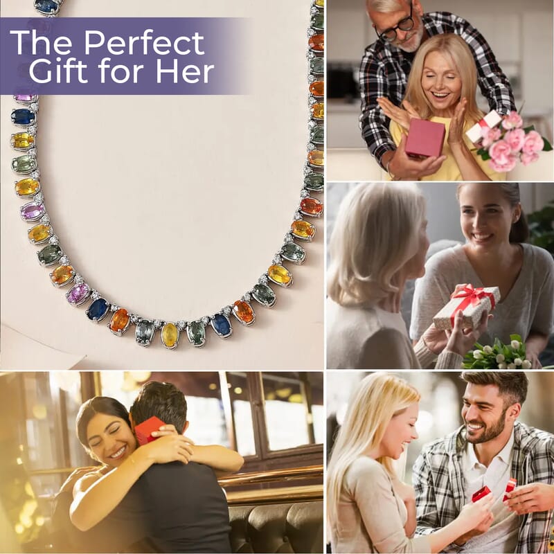 Multi Sapphire Necklace, White Zircon Accent Necklace, 18 Inch Necklace, Platinum Over Sterling Silver Necklace, Gifts For Her 31.35 ctw