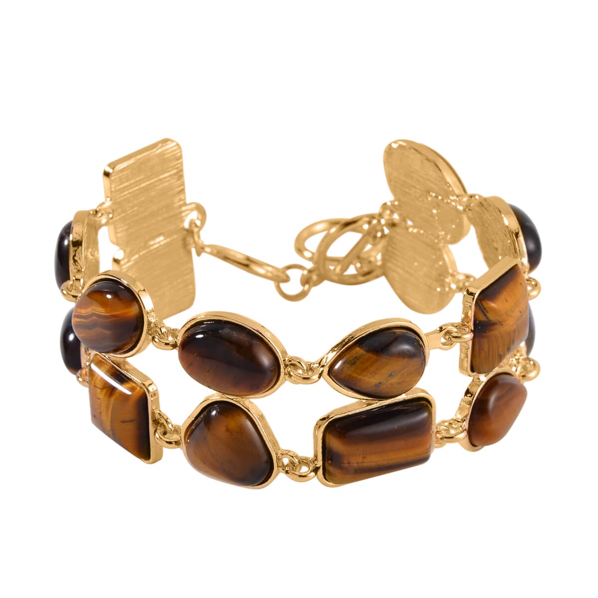 Yellow Tiger's Eye 2 Row Link Bracelet in Goldtone (7.00-8.75In) 125.00 ctw image number 0