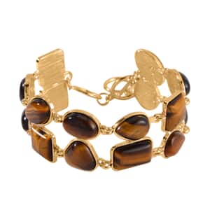 Yellow Tiger's Eye 2 Row Link Bracelet in Goldtone (7.00-8.75In) 125.00 ctw