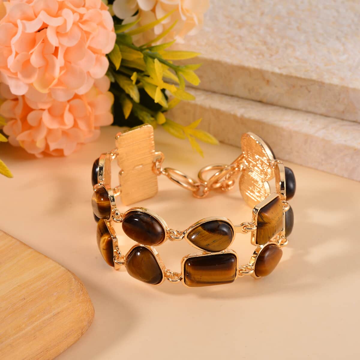 Yellow Tiger's Eye 2 Row Link Bracelet in Goldtone (7.00-8.75In) 125.00 ctw image number 1