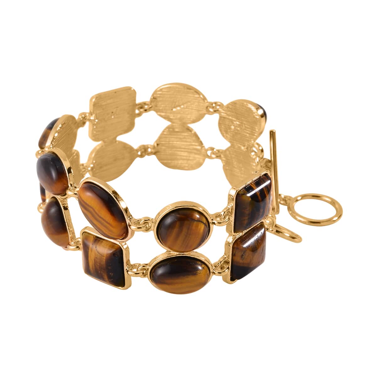 Yellow Tiger's Eye 2 Row Link Bracelet in Goldtone (7.00-8.75In) 125.00 ctw image number 2