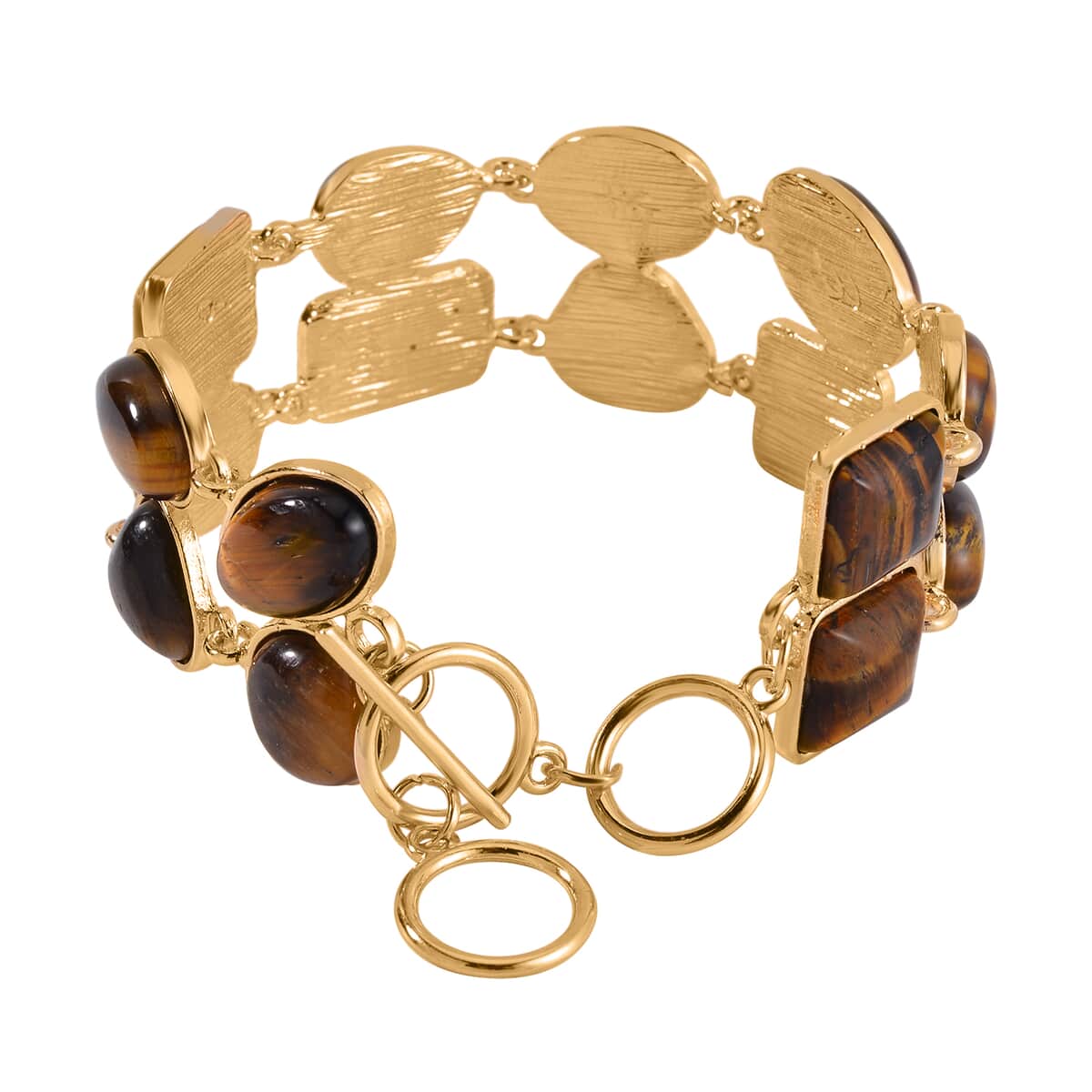 Yellow Tiger's Eye 2 Row Link Bracelet in Goldtone (7.00-8.75In) 125.00 ctw image number 3