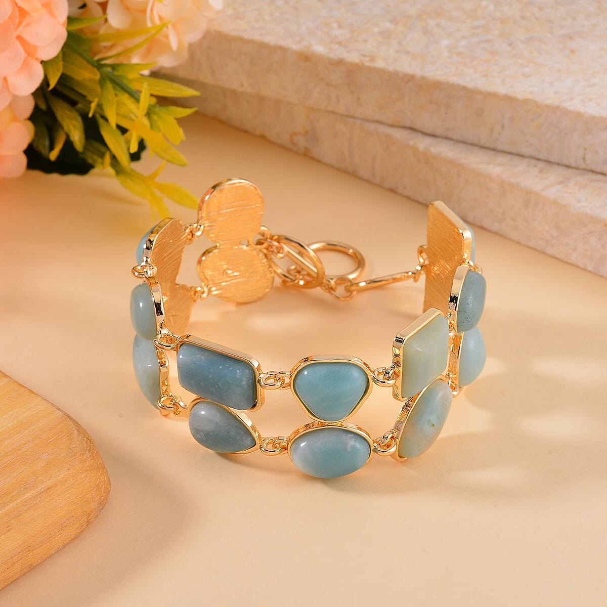 Multi Color Amazonite 125.00 ctw 2 Row Link Bracelet in Goldtone (7.00-8.75In) image number 1