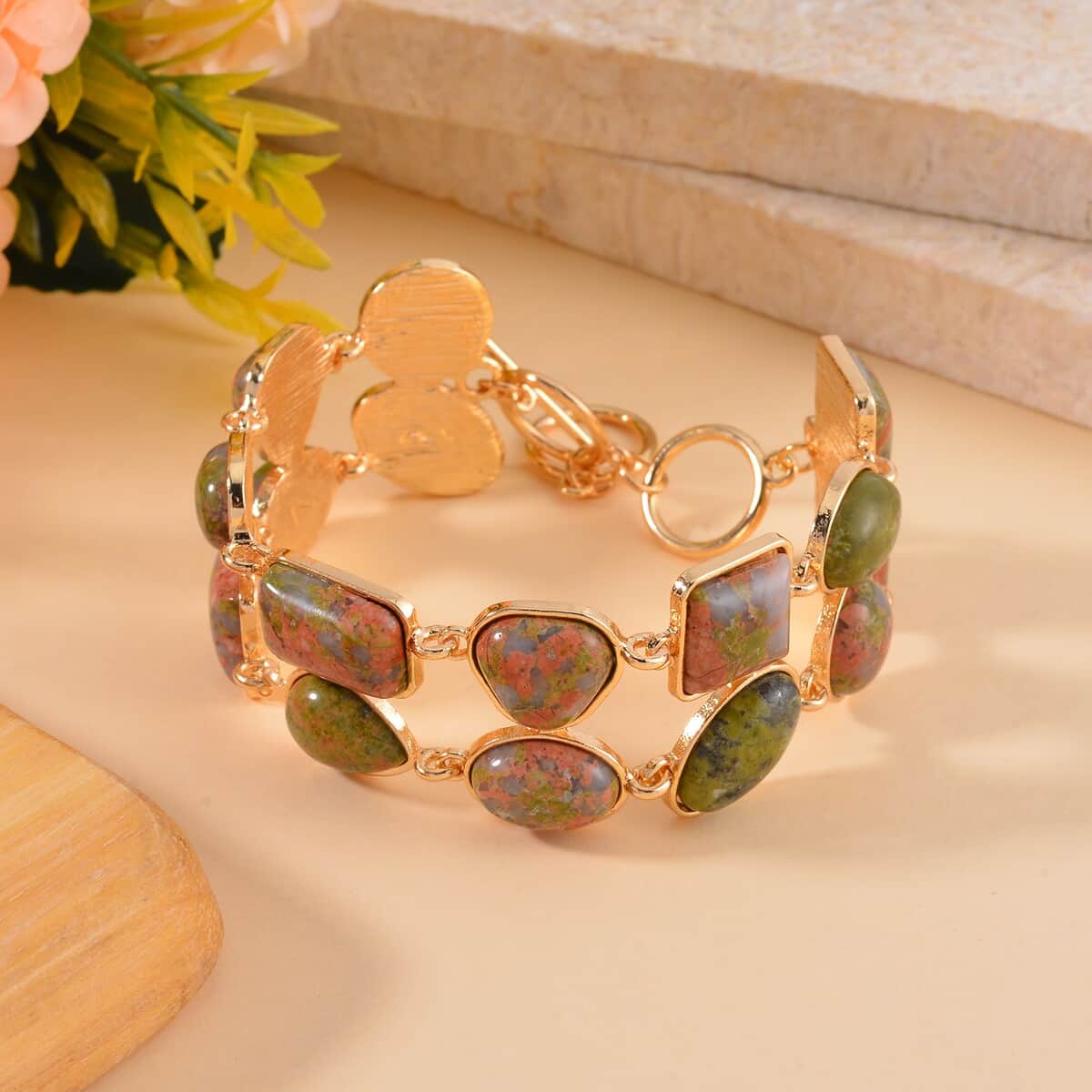 Unakite 2 Row Link Bracelet in Goldtone (7.00-8.75In) 125.00 ctw image number 1