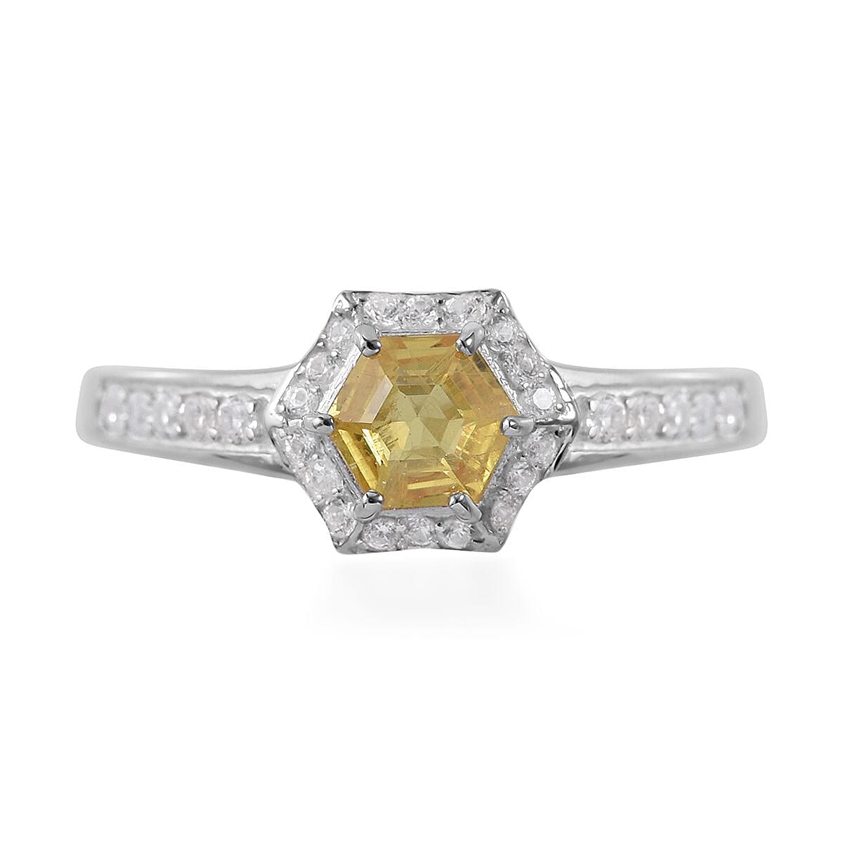 Yellow Sapphire and White Zircon Halo Ring in Platinum Over Sterling Silver 1.10 ctw image number 0