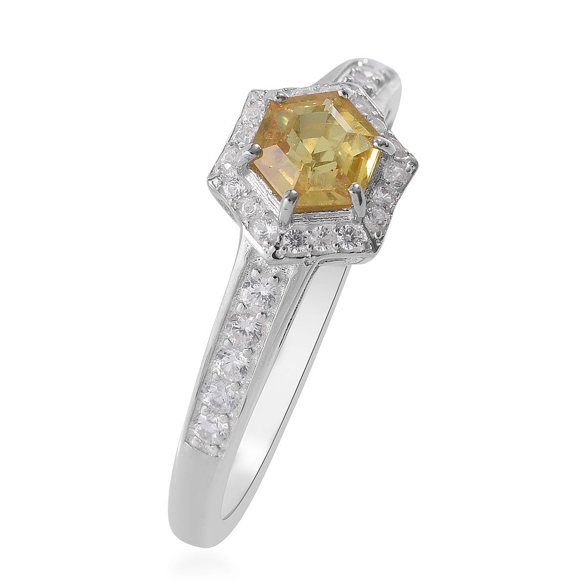 Yellow Sapphire and White Zircon Halo Ring in Platinum Over Sterling Silver 1.10 ctw image number 2