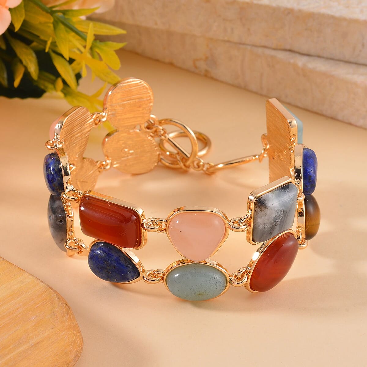 Multi Gemstone 125.00 ctw 2 Row Link Bracelet in Goldtone (7.00-8.75In) image number 1