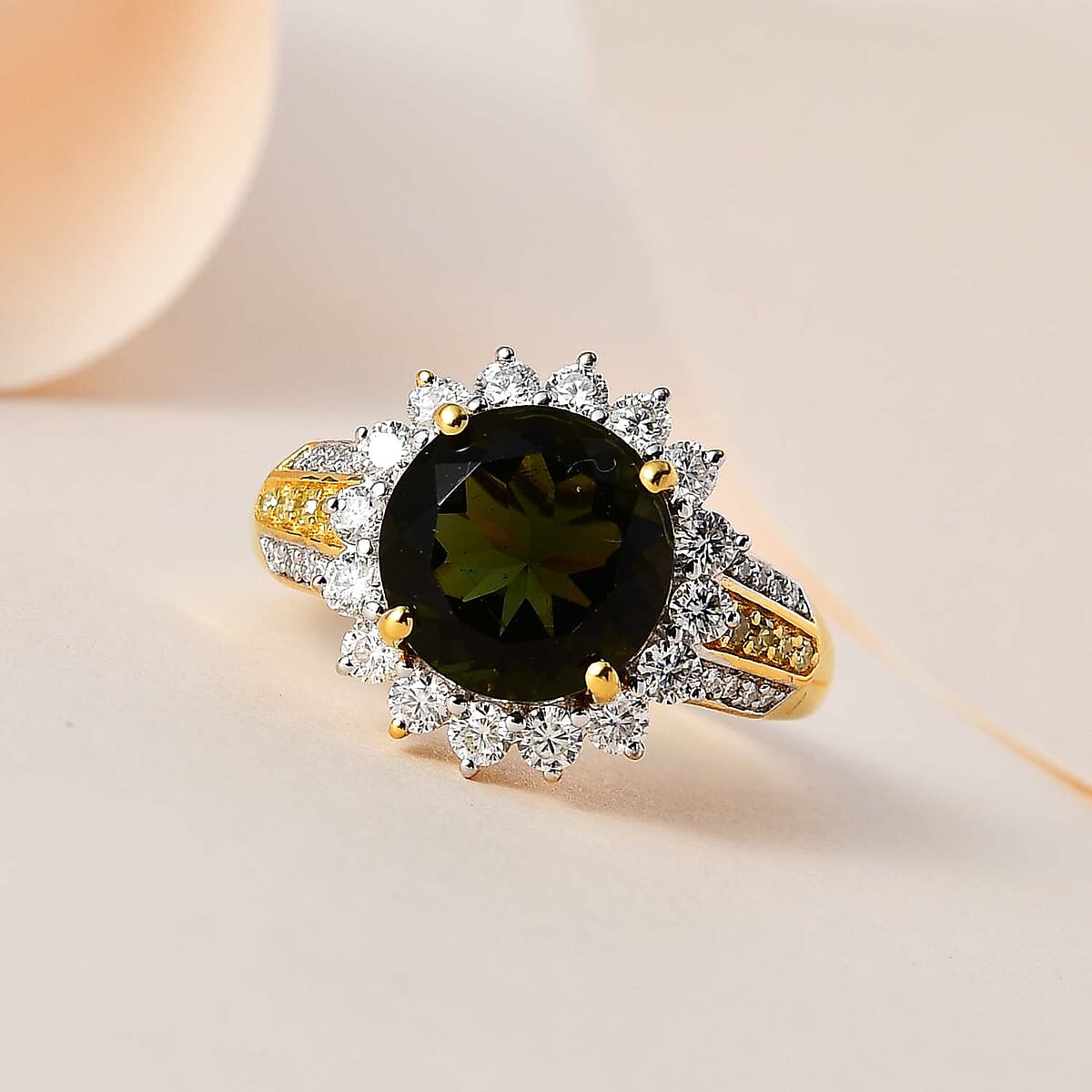 Premium Bohemian Moldavite, Moissanite, Natural Yellow Diamond Floral Ring in Vermeil YG Over Sterling Silver (Size 10.0) 4.30 ctw image number 1