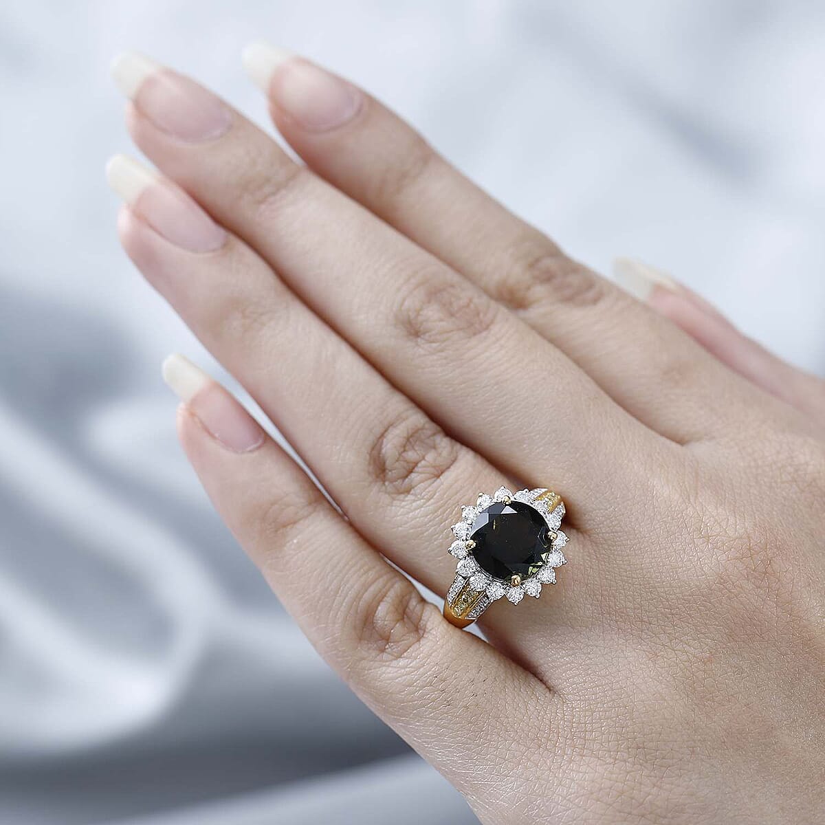 Premium Bohemian Moldavite and Moissanite, Natural Yellow Diamond Halo Ring in Vermeil Yellow Gold Over Sterling Silver (Size 7.0) 4.30 ctw image number 2