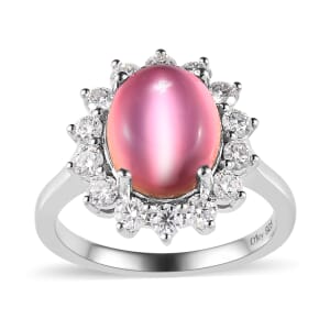 Flamingo Moonstone and Moissanite 4.25 ctw Sunburst Ring in Platinum Over Sterling Silver (Size 9.0)