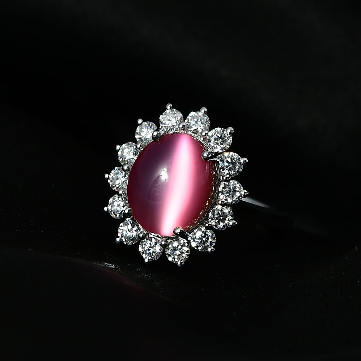Flamingo Moonstone and Moissanite 4.25 ctw Sunburst Ring in Platinum Over Sterling Silver (Size 9.0) image number 1