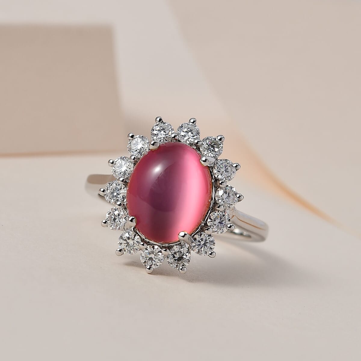 Flamingo Moonstone and Moissanite 4.25 ctw Sunburst Ring in Platinum Over Sterling Silver (Size 9.0) image number 2